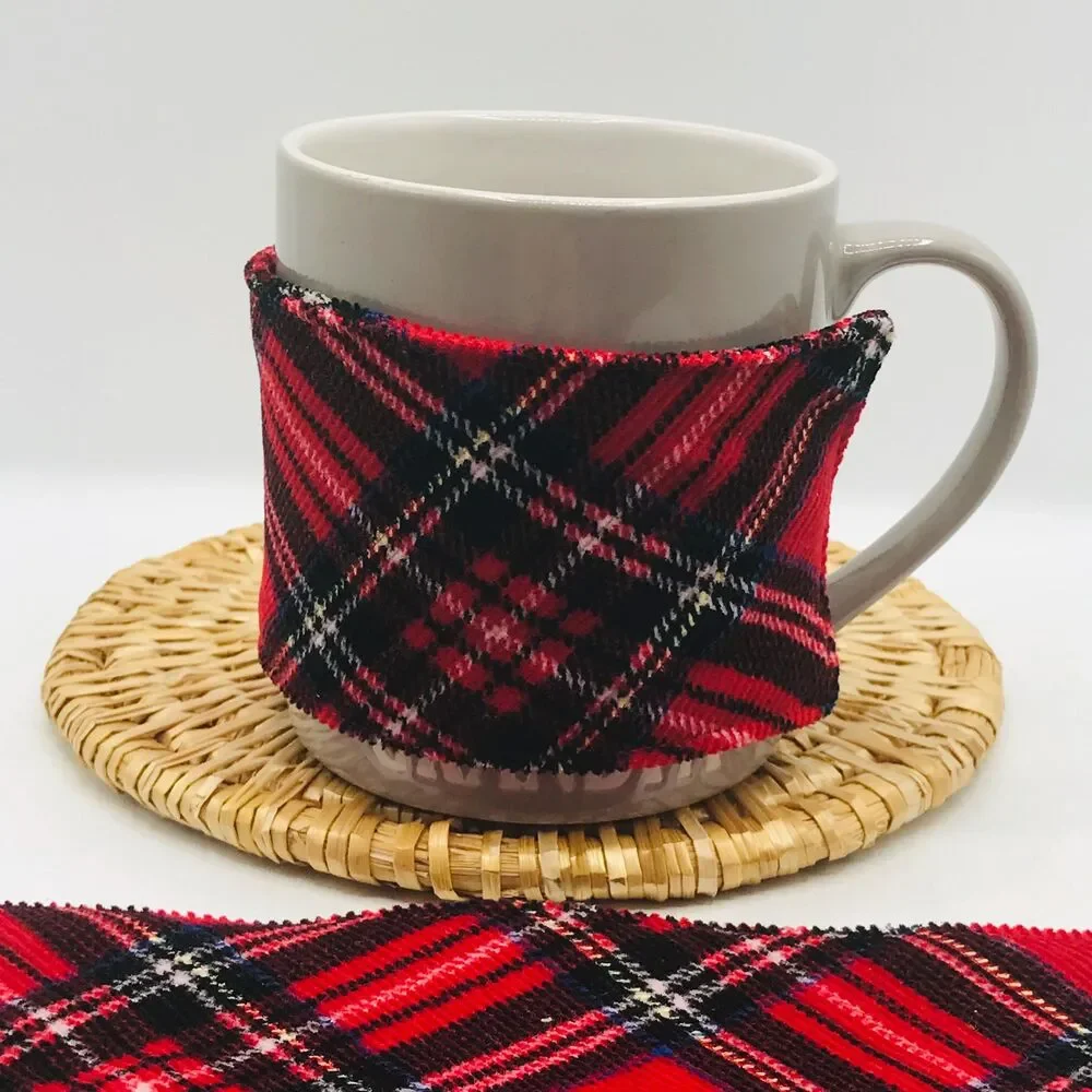 Handmade Mug Cozy, Plaid Corduroy Red Black, Hot Beverage Cozy, Stocking Stuffer